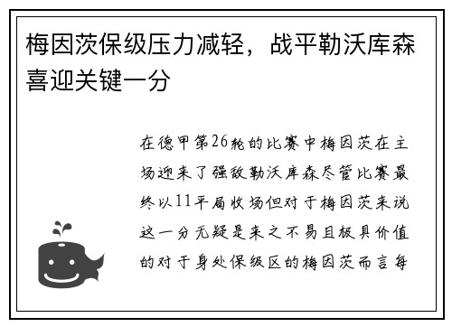 梅因茨保级压力减轻，战平勒沃库森喜迎关键一分