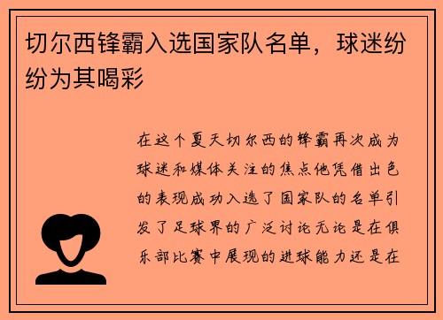 切尔西锋霸入选国家队名单，球迷纷纷为其喝彩