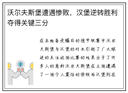 沃尔夫斯堡遭遇惨败，汉堡逆转胜利夺得关键三分